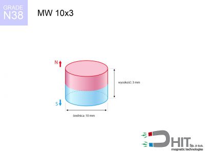 magnes neodymowy walcowy MW 10x3 N38  MW 10x3 N38 magnes neodymowy walcowy