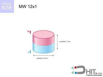 magnes neodymowy walcowy MW 12x1 N38  MW 12x1 N38 magnes neodymowy walcowy