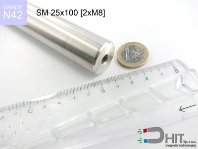 SM 25x100 [2xM8] N42 - wałki magnetyczne z magnesami neodymowymi