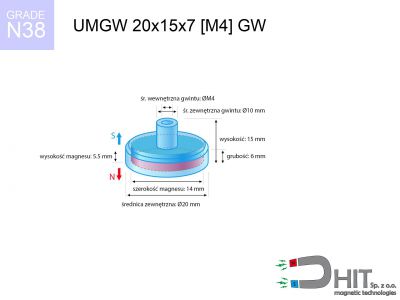 UMGW 20x15x7 [M4] GW N38 uchwyt magnetyczny gwint wewnętrzny