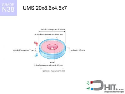 UMS 20x8.6x4.5x7 N38 uchwyt magnetyczny stożkowy