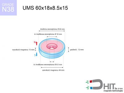 UMS 60x18x8.5x15 N38 uchwyt magnetyczny stożkowy